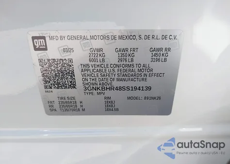 2025 Chevrolet Blazer 2Lt из США, поврежденный, VIN 3GNKBHR48SS194139